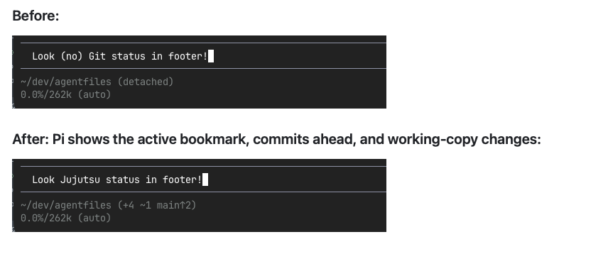 Before and after comparison of the jj footer extension in Pi